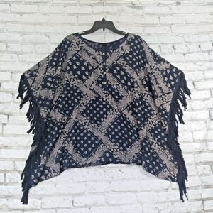 Taurus Poncho Womens Medium Blue Paisley Boho Lagenlook Fringe Boho Hippie
